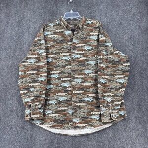 VTG Woolrich Olive Woodblock Fish Trout Run Flannel Shirt Long Sleeve Men’s XL